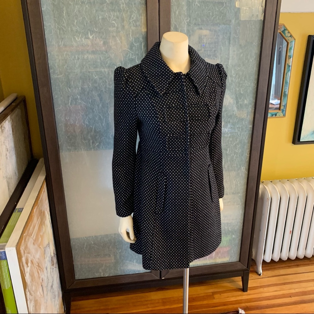 EUC Tulle black w white polka dot wool blend coat Small